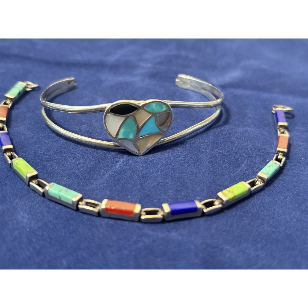 Lot of Two Vintage Native American Style .925 Silver Bracelets Gemstones